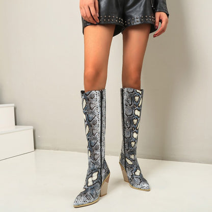 Ladies Snake Printed Pointed Toe Side Zippers Chunky Heel Knee High Boots