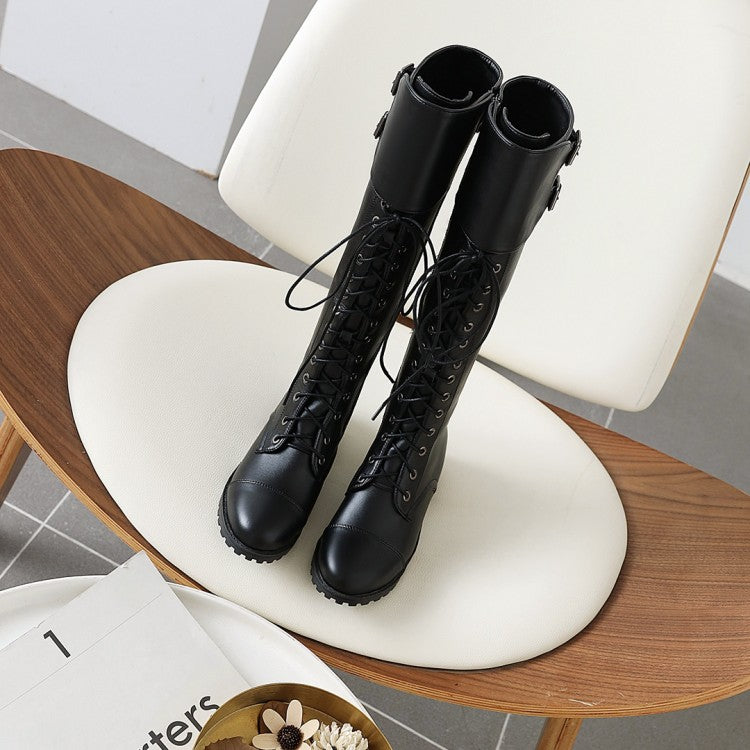 Ladies Pu Leather Round Toe Lace Up Belts Side Zippers Martin Knee High Boots