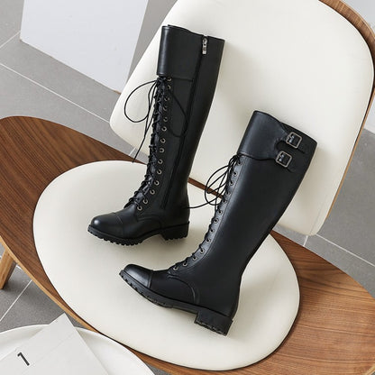 Ladies Pu Leather Round Toe Lace Up Belts Side Zippers Martin Knee High Boots