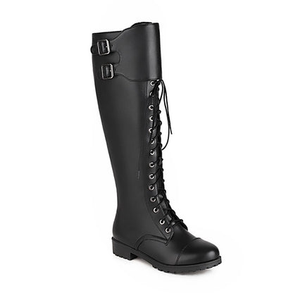 Ladies Pu Leather Round Toe Lace Up Belts Side Zippers Martin Knee High Boots