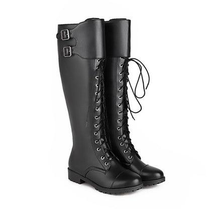 Ladies Pu Leather Round Toe Lace Up Belts Side Zippers Martin Knee High Boots