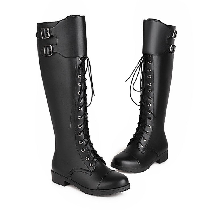 Ladies Pu Leather Round Toe Lace Up Belts Side Zippers Martin Knee High Boots