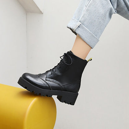 Round Toe Lace-Up Block Chunky Heel Platform Short Boots for Women