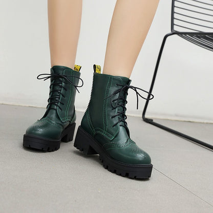 Round Toe Lace-Up Block Chunky Heel Platform Short Boots for Women