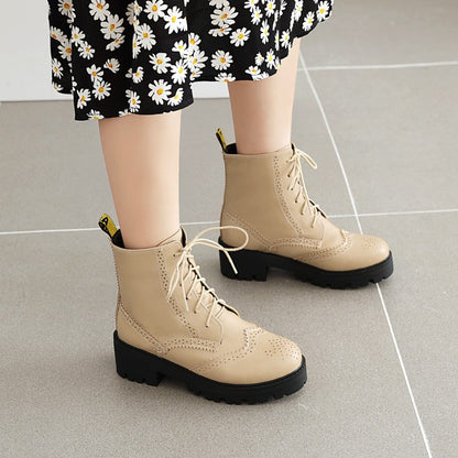 Round Toe Lace-Up Block Chunky Heel Platform Short Boots for Women