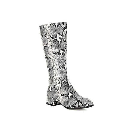 Snake Printed Pointed Toe Side Zippers Block Chunky Heel Mid-Calf Boots for Women