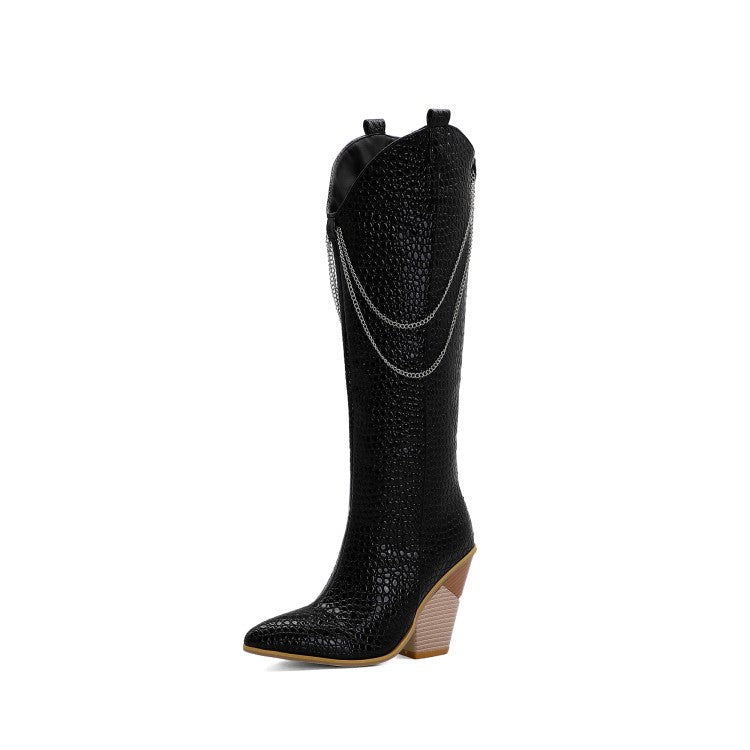 Ladies Pointed Toe Metal Chains Block Heel Knee High Boots