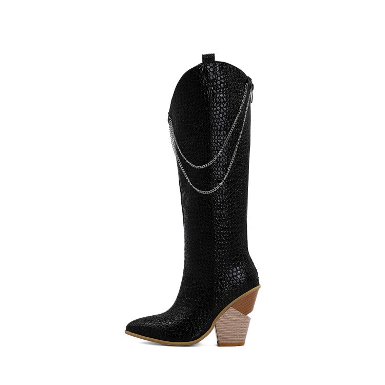 Ladies Pointed Toe Metal Chains Block Heel Knee High Boots