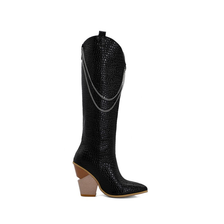 Ladies Pointed Toe Metal Chains Block Heel Knee High Boots