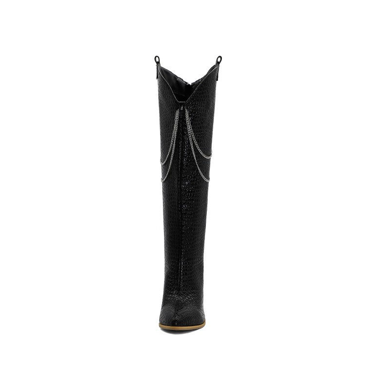 Ladies Pointed Toe Metal Chains Block Heel Knee High Boots