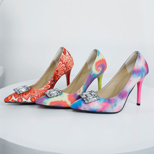 Ladies Printed Rhinestone Pointed Toe Stiletto Heel High Heels Pumps