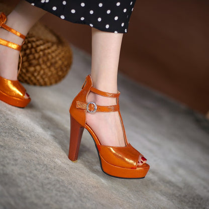 Ladies Glossy T Strap Peep Toe High Heel Platform Sandals