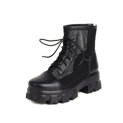 Mesh Lace Up Back Zippers Block Chunky Heel Platform Short Boots for Women