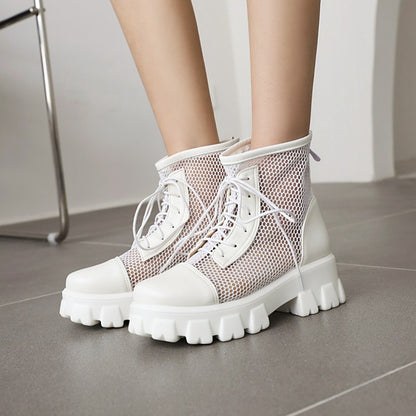 Mesh Lace Up Back Zippers Block Chunky Heel Platform Short Boots for Women