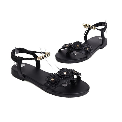 Ladies Round Toe Flora Metal Decor Ankle Strap Flat Sandals