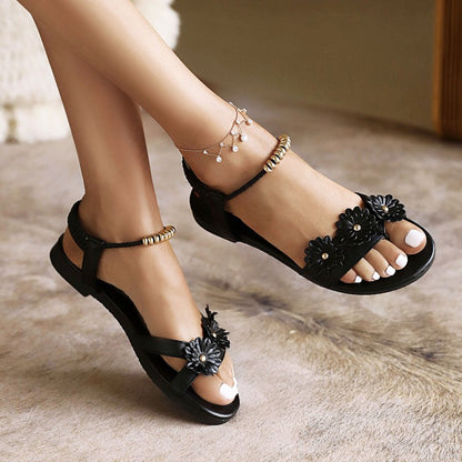 Ladies Round Toe Flora Metal Decor Ankle Strap Flat Sandals