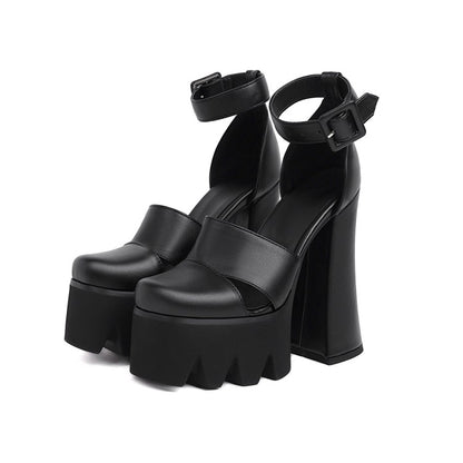 Ladies Round Toe Hollow Out Thick Sole Block Heel Platform Sandals