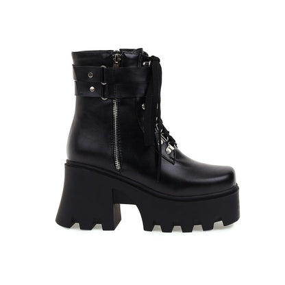 Ladies Pu Leather Square Toe Tied Belts Buckles Side Zippers Chunky Heel Platform Short Boots