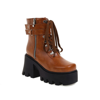 Ladies Pu Leather Square Toe Tied Belts Buckles Side Zippers Chunky Heel Platform Short Boots