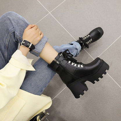 Ladies Pu Leather Square Toe Tied Belts Buckles Side Zippers Chunky Heel Platform Short Boots