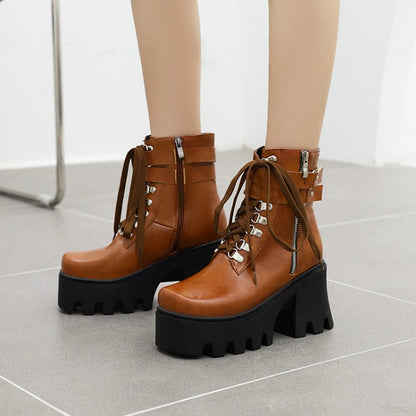 Ladies Pu Leather Square Toe Tied Belts Buckles Side Zippers Chunky Heel Platform Short Boots