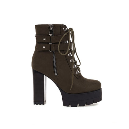 Ladies Suede Round Toe Tied Belts Side Zippers Buckles Chunky Heel Platform Short Boots