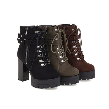 Ladies Suede Round Toe Tied Belts Side Zippers Buckles Chunky Heel Platform Short Boots