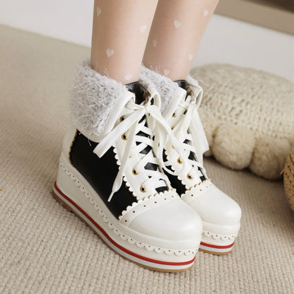 Ladies Pu Leather Round Toe Stitching Tied Belts Fold Lamb Wool Platform Wedge Short Boots