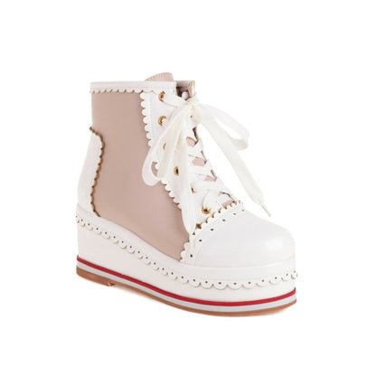 Ladies Candy Color Lace Up Wedge Heel Platform Short Boots