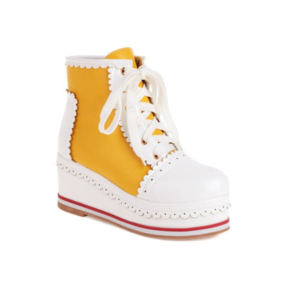 Ladies Candy Color Lace Up Wedge Heel Platform Short Boots