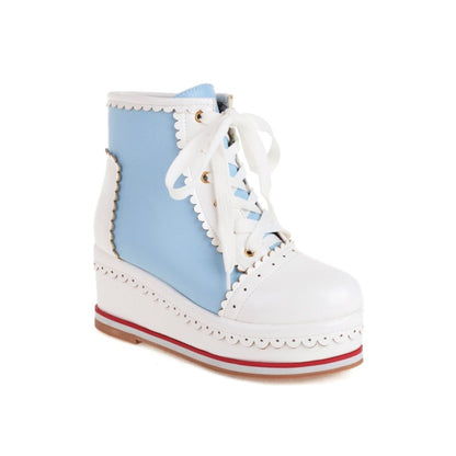 Ladies Candy Color Lace Up Wedge Heel Platform Short Boots