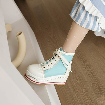 Ladies Candy Color Lace Up Wedge Heel Platform Short Boots