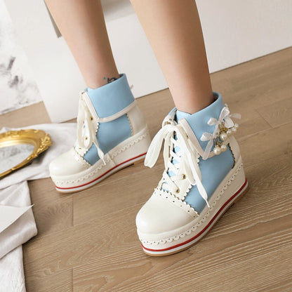 Ladies Pu Leather Stitching Lace Up Fold Pearls Knot Platform Wedge Heel Short Boots