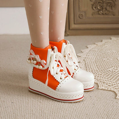 Ladies Pu Leather Stitching Lace Up Fold Pearls Knot Platform Wedge Heel Short Boots