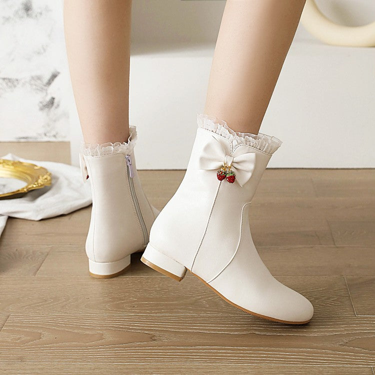 Ladies Side Zippers Lace Bow Tie Low Heels Short Boots