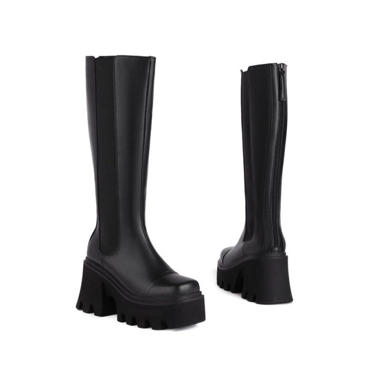 Ladies Pu Leather Stitching Patchwork Block Heel Platform Knee High Boots