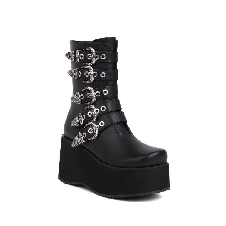 Ladies Metal Buckle Straps Zipper Wedge Heel Platform Short Boots