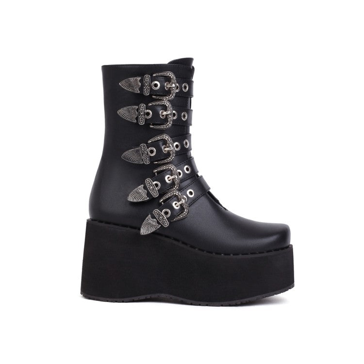 Ladies Metal Buckle Straps Zipper Wedge Heel Platform Short Boots