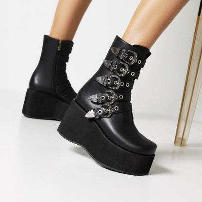 Ladies Metal Buckle Straps Zipper Wedge Heel Platform Short Boots