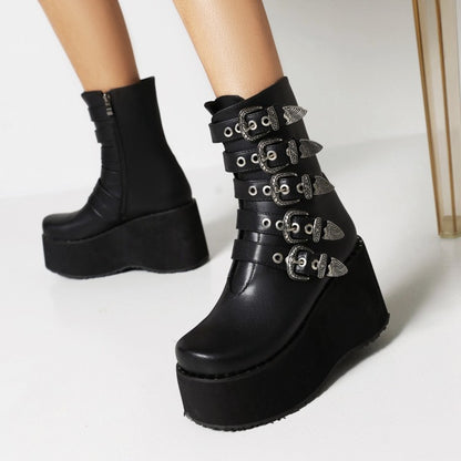 Ladies Metal Buckle Straps Zipper Wedge Heel Platform Short Boots