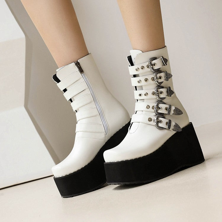 Ladies Metal Buckle Straps Zipper Wedge Heel Platform Short Boots