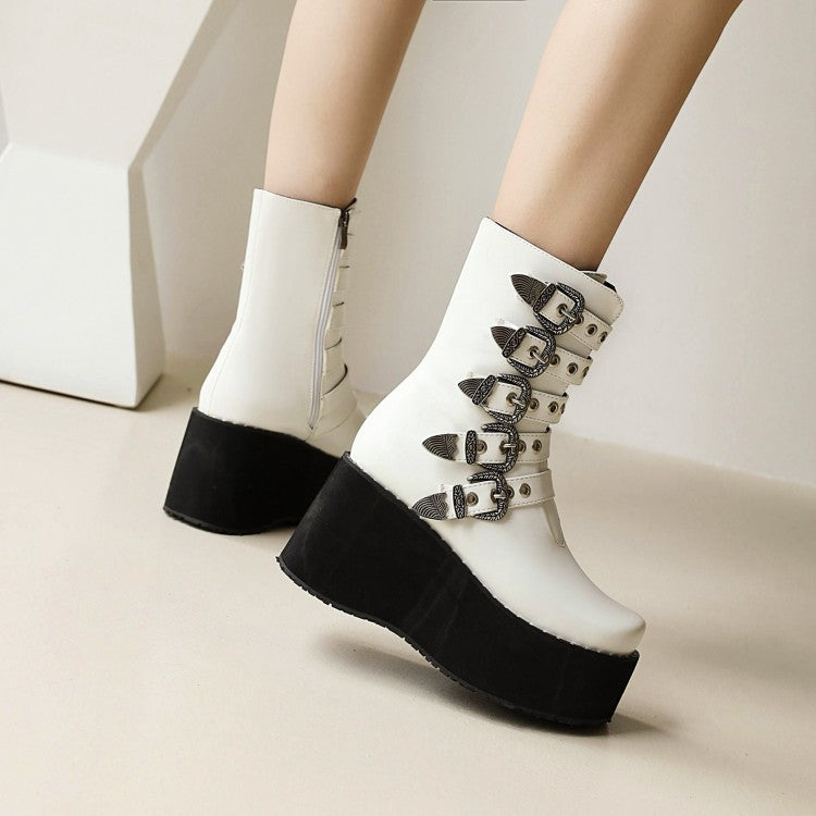 Ladies Metal Buckle Straps Zipper Wedge Heel Platform Short Boots