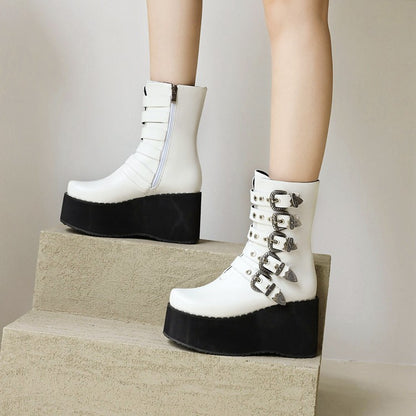 Ladies Metal Buckle Straps Zipper Wedge Heel Platform Short Boots