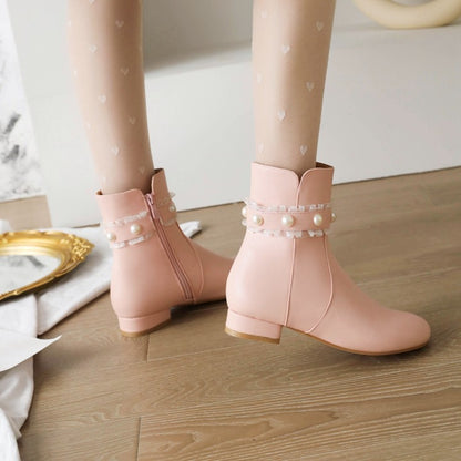 Ladies Side Zippers Lace Pearls Low Heels Short Boots