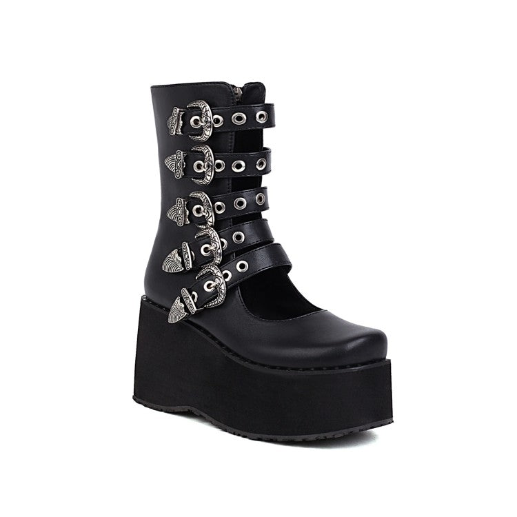 Ladies Metal Buckle Straps Wedge Heel Platform Short Boots