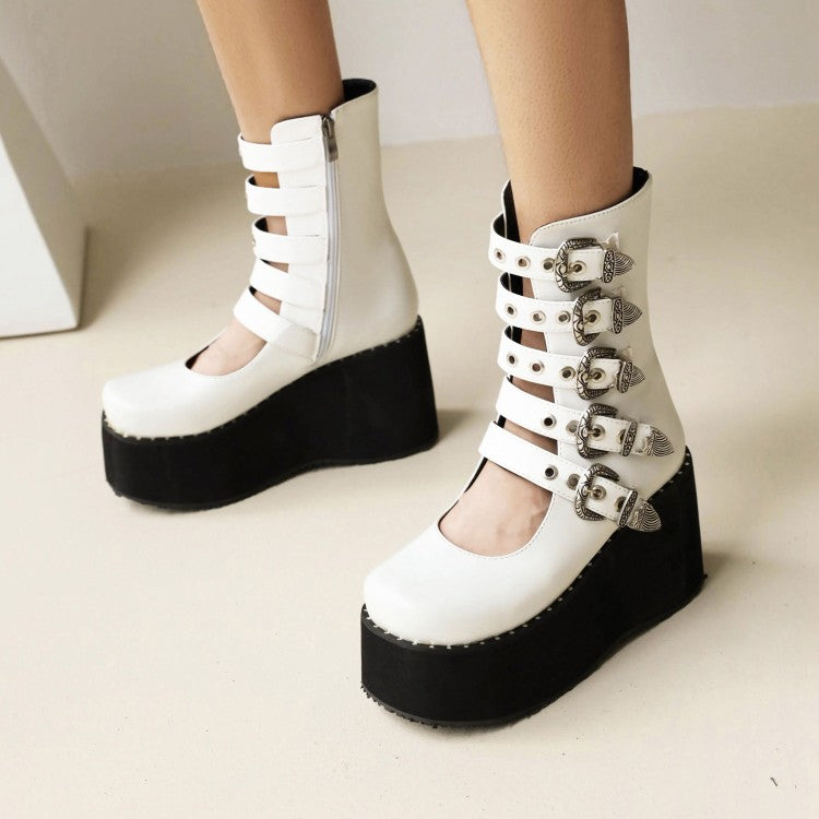 Ladies Metal Buckle Straps Wedge Heel Platform Short Boots