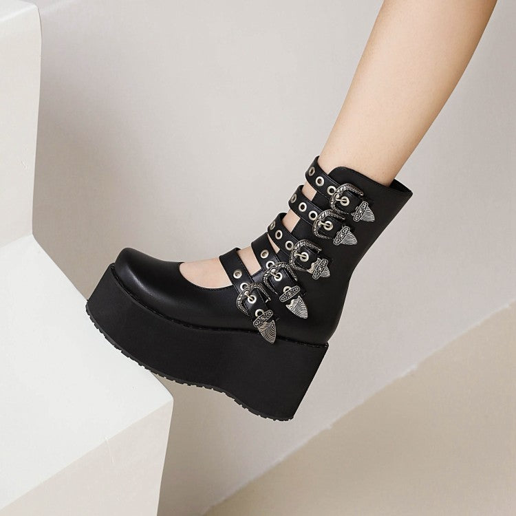 Ladies Metal Buckle Straps Wedge Heel Platform Short Boots