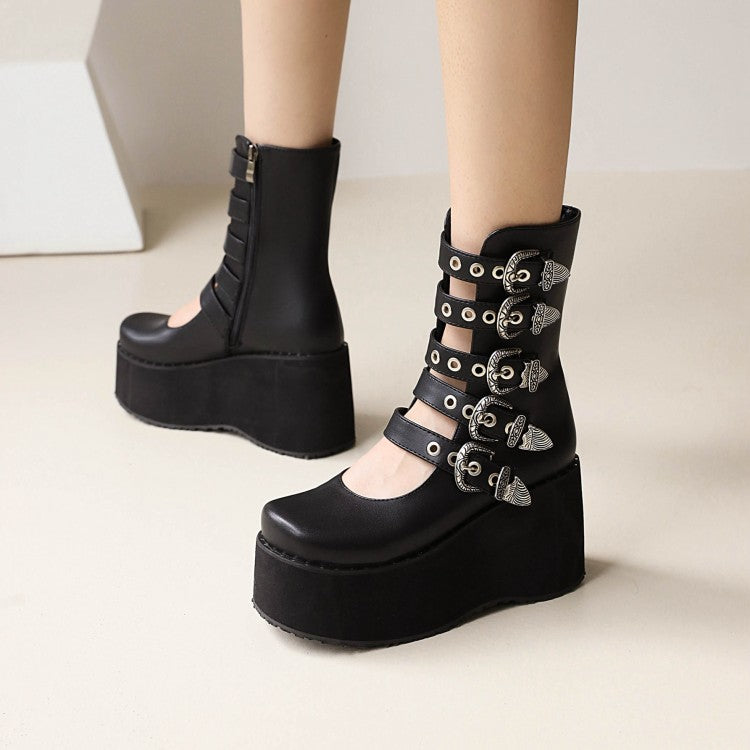 Ladies Metal Buckle Straps Wedge Heel Platform Short Boots