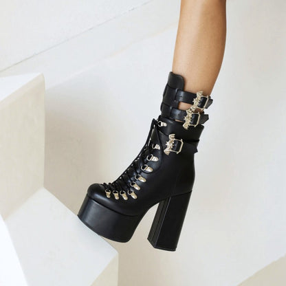 Pu Leather Square Toe Rivets Lace Up Buckle Straps Block Chunky Heel Platform Ankle Boots for Women