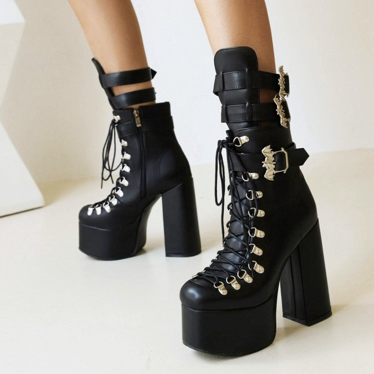 Pu Leather Square Toe Rivets Lace Up Buckle Straps Block Chunky Heel Platform Ankle Boots for Women